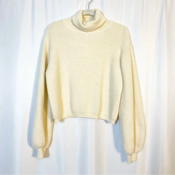 Petal + Pup Freddie Ribbed Knit Balloon Sleeve Turtleneck Sweater Ivory Cream - Picture 3 of 13